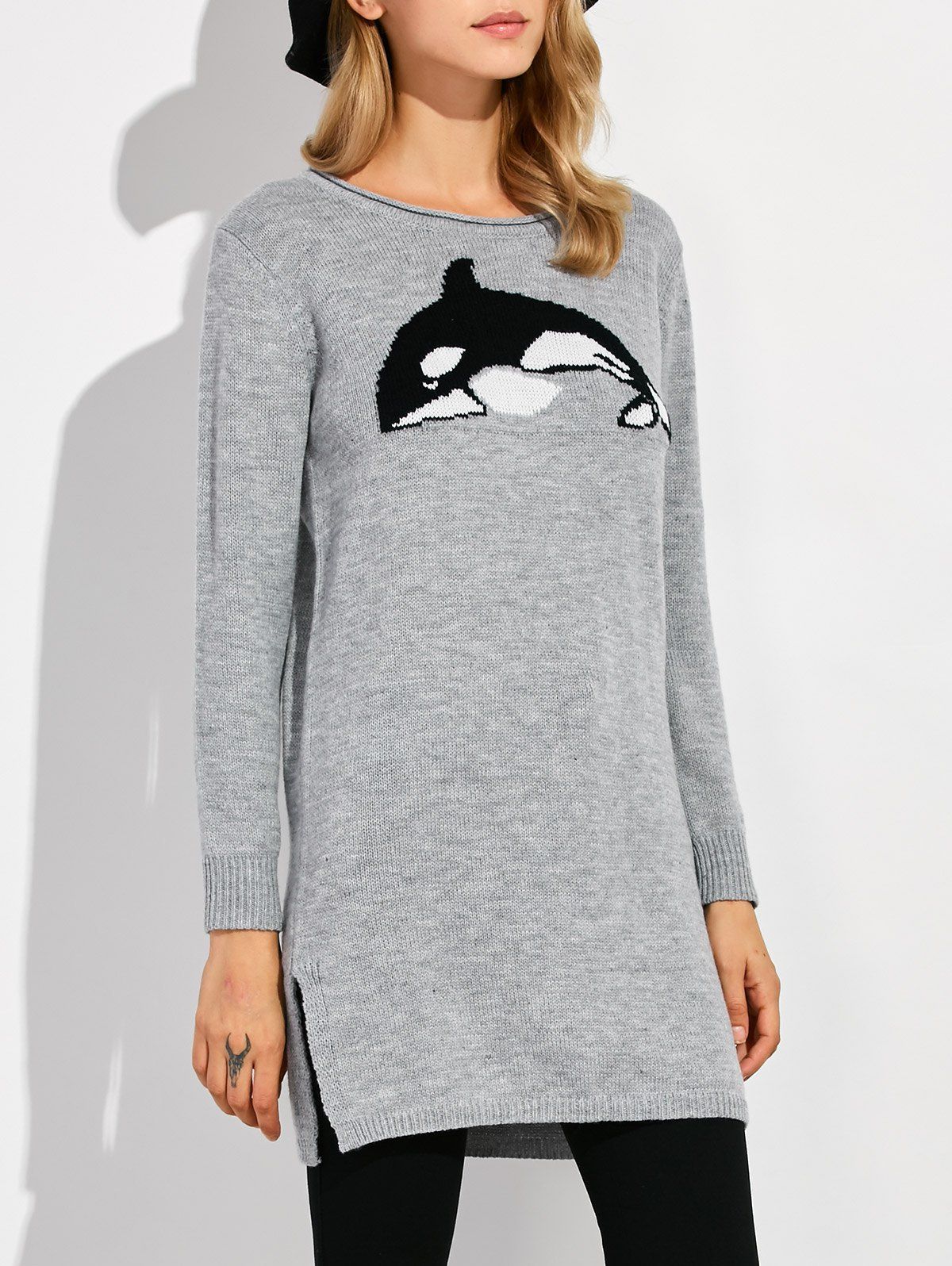 

Dolphin Slit Ribbed Long Sweater, Gray