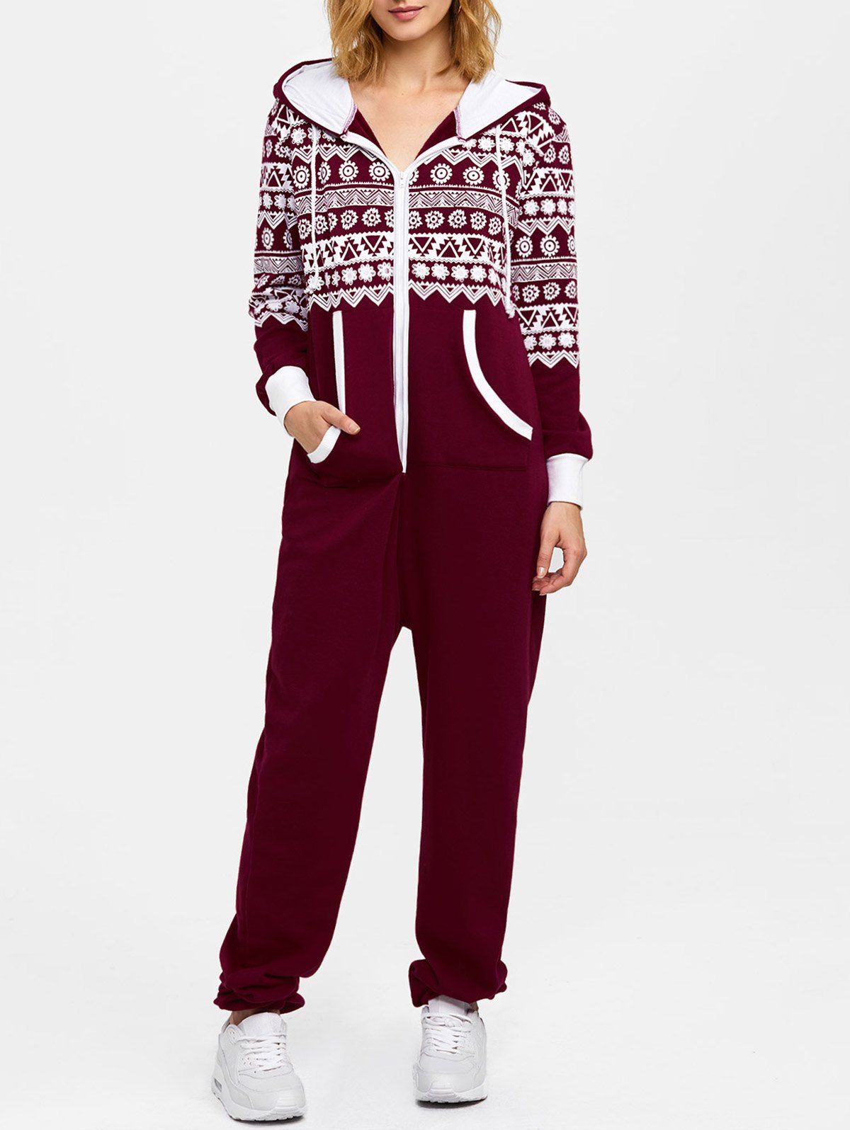 

Hooded Geometry Print Christmas Jumpsuit, Wine red