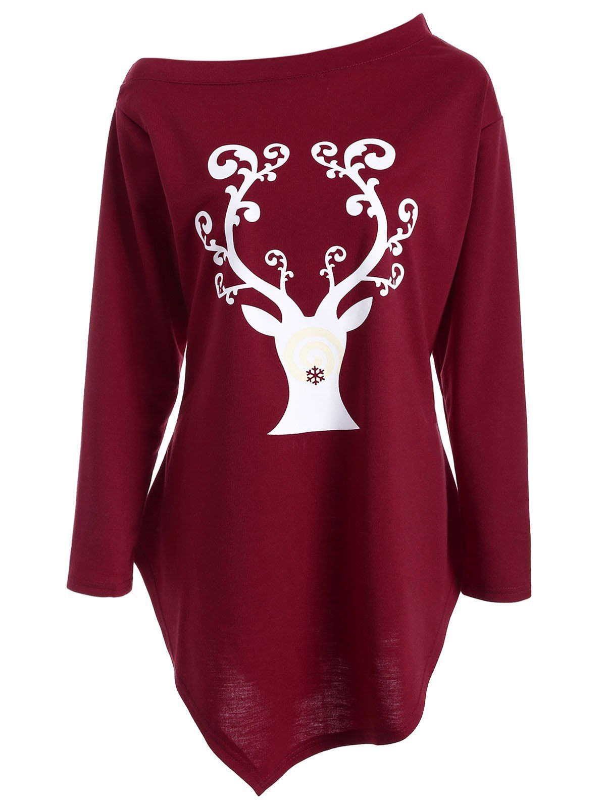 

Wapiti Print Asymmetrical Christmas T-Shirt, Deep red