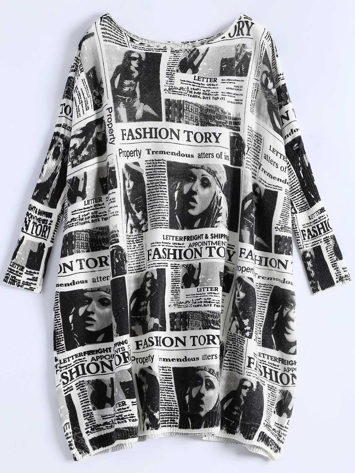 

Plus Size Ribbed Newspaper Pattern Sweater, White
