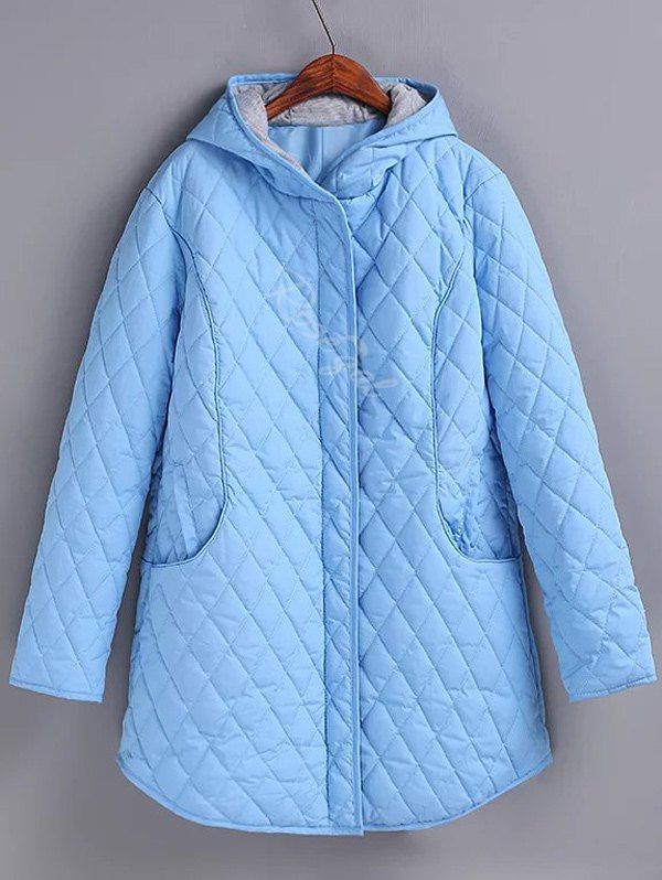 

Plus Size Hooded Grid Quilted Coat, Light blue