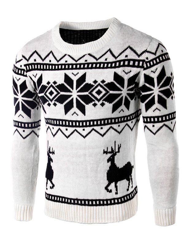 

Deer and Snowflake Pattern Long Sleeve Sweater, White