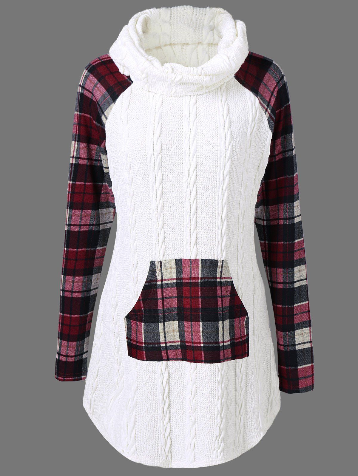 

Plaid Cable Knit Tunic Sweater, White