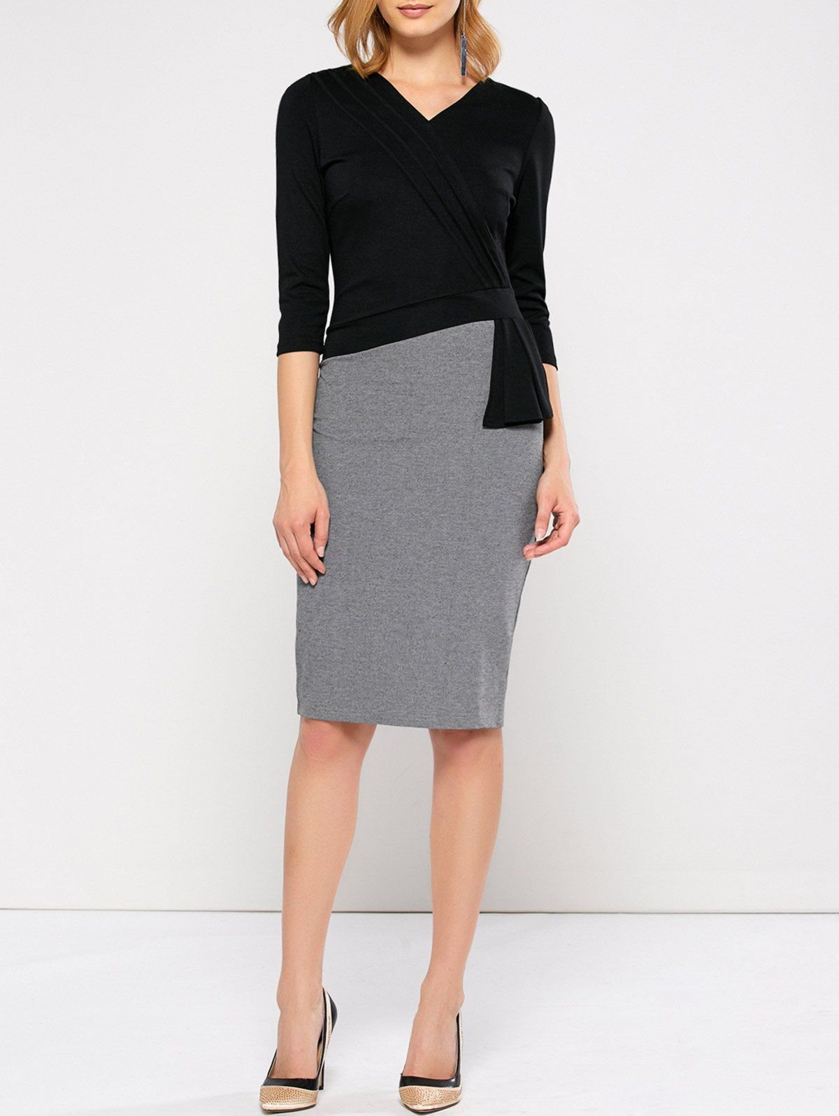 [47 OFF] V Neck Bodycon Work Dress With Sleeves Rosegal