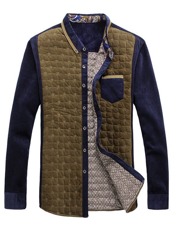 

Chest Pocket Contrast Insert Grid Quilted Shirt, Yellow
