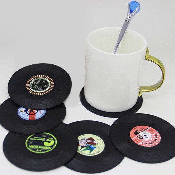 

6 Pcs/ Set Retro CD Record Shapes Heat Insulation Cup Mat, Black