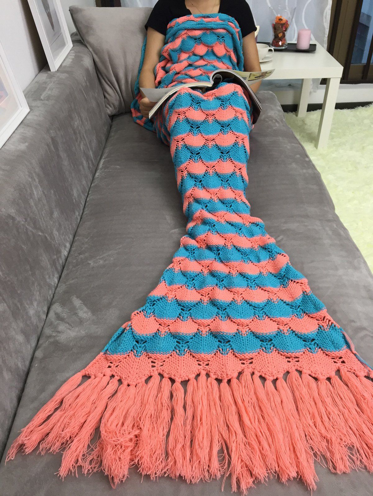 Store Fish Scales Tassel Design Crochet Mermaid Tail Blanket  
