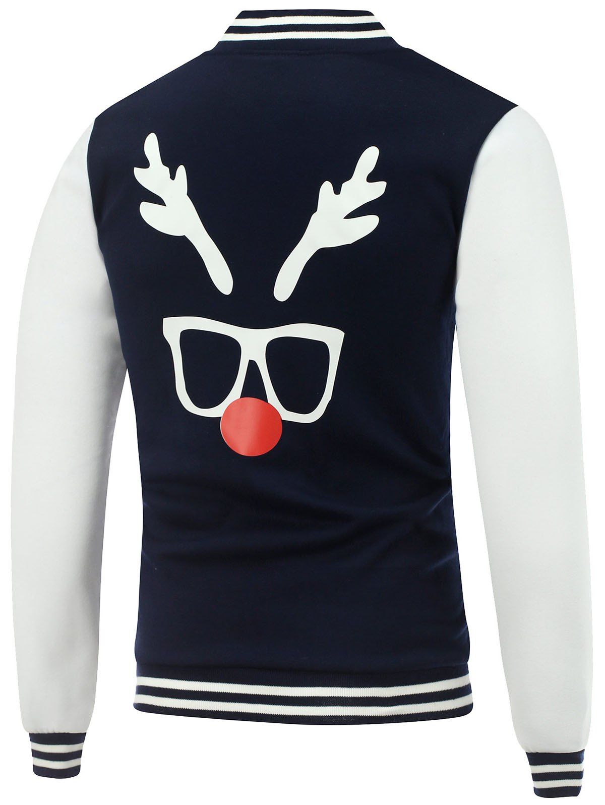 

Stand Collar Christmas Deer Horn Print Color Block Baseball Jacket, Cadetblue