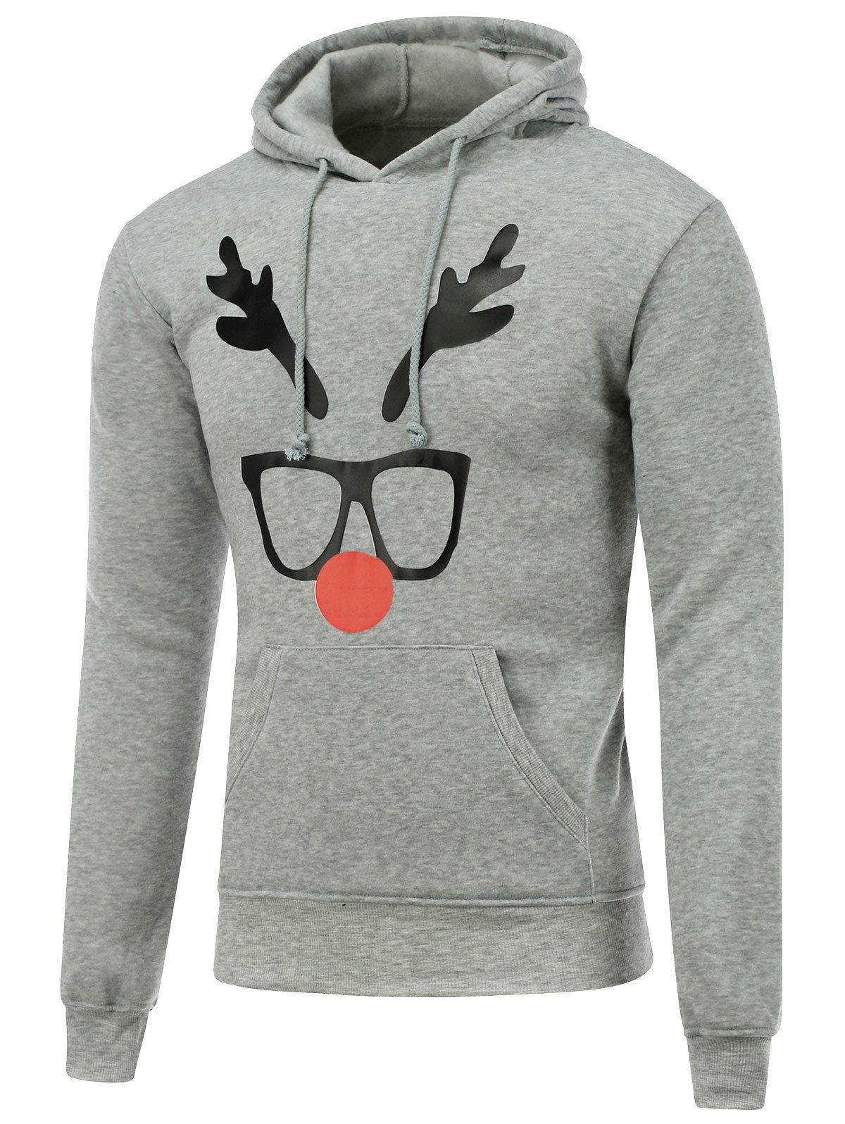 

Hooded Long Sleeve Christmas Deer Horn Print Hoodie, Gray