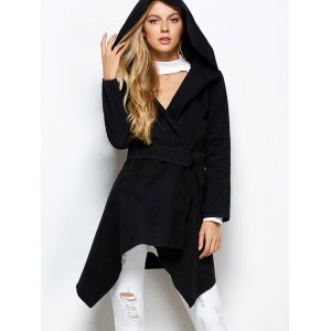 Hooded Asymmetric Wool Blend Wrap Coat