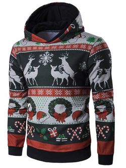 Hooded Christmas Reindeer and Snowflake Print Hoodie - BLACK - L