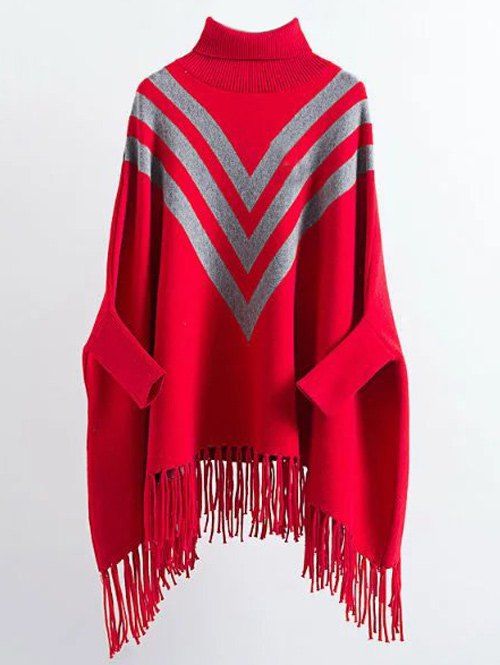 

Turtleneck Oversized Fringed Batwing Long Sweater, Red