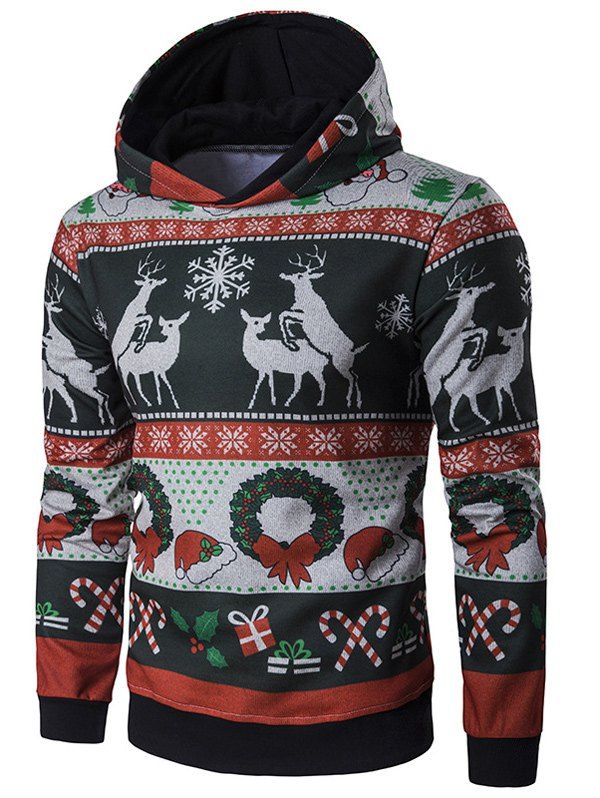 

Hooded Christmas Reindeer and Snowflake Print Hoodie, Black