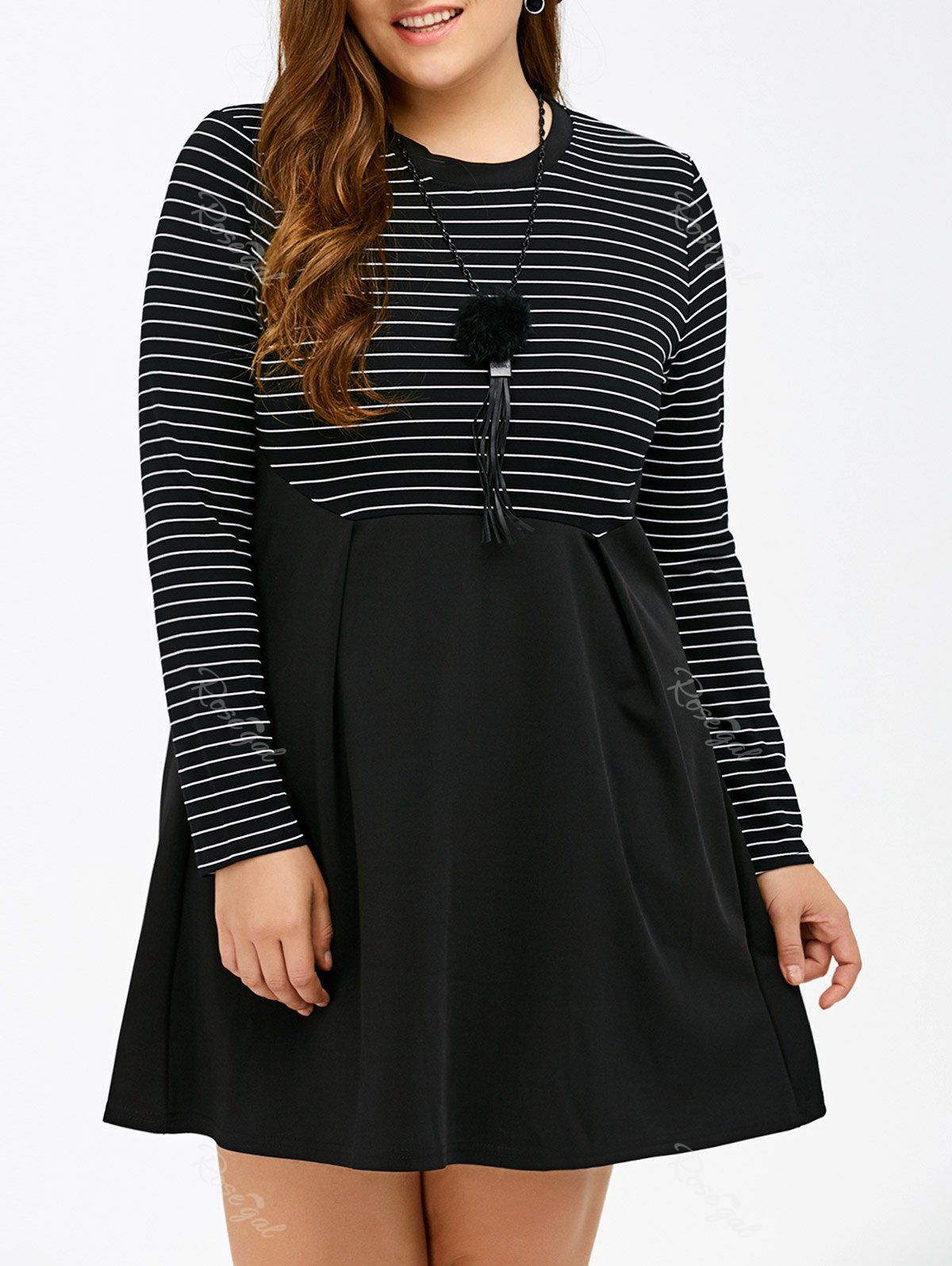 [61% OFF] Long Sleeve Patchwork Striped Plus Size Dress | Rosegal