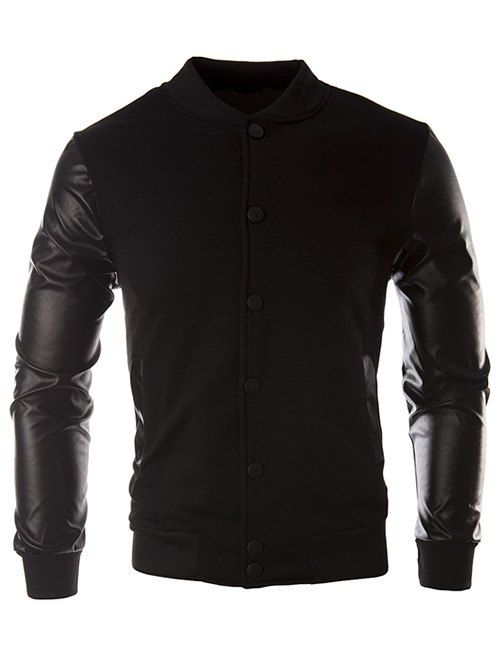 

Color Block PU Leather Insert Button Jacket, Black