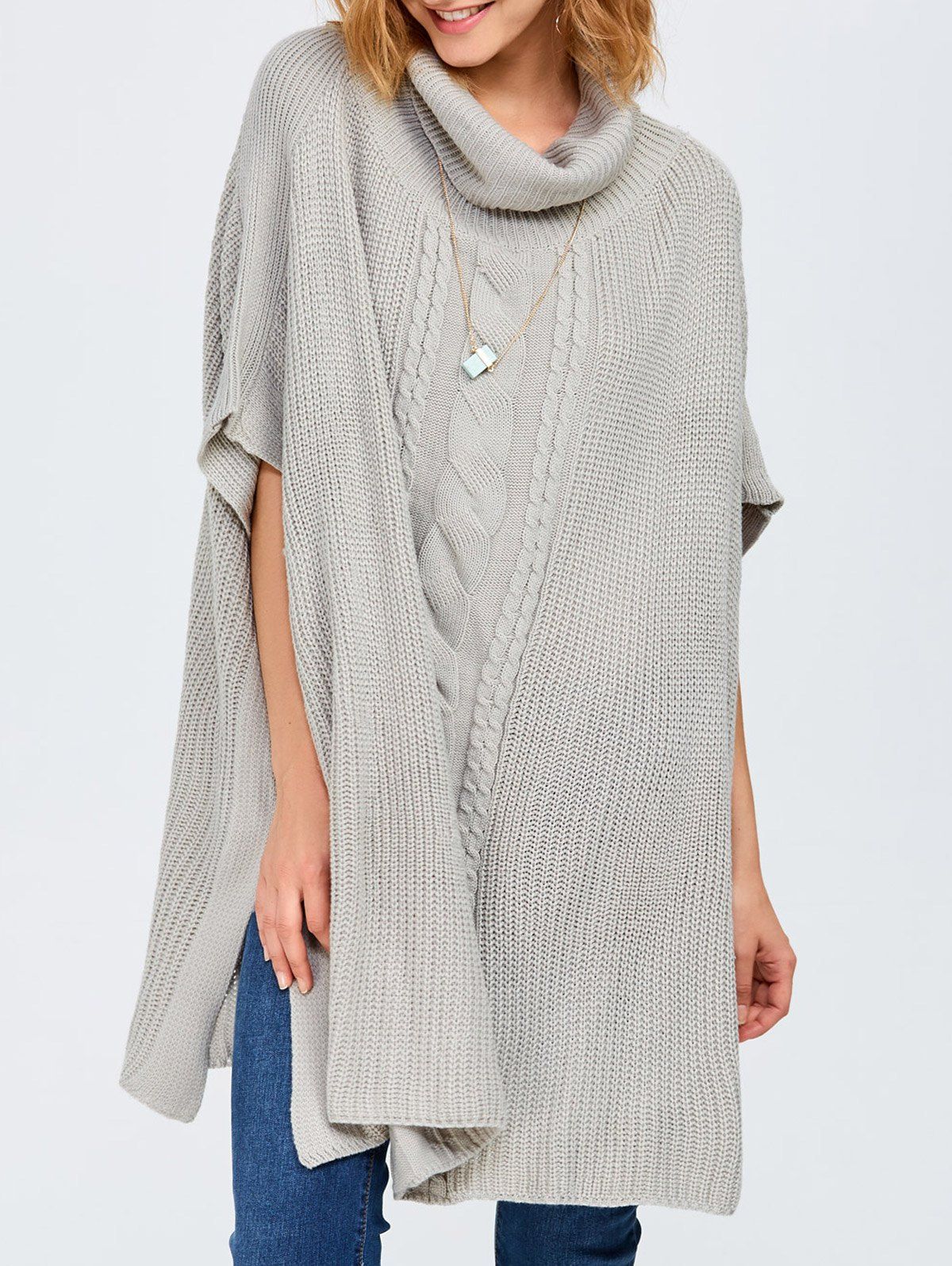 

Chunky Cable Knit Batwing Sleeves Sweater, Light gray