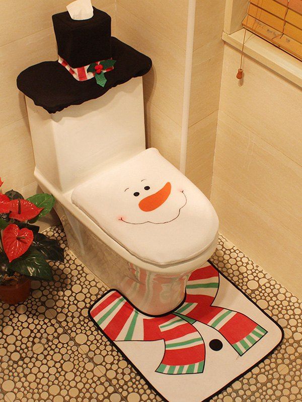 

3PCS Christmas Supplies Snowman Bathroom Toilet Closestool Cover Floor Mats, White