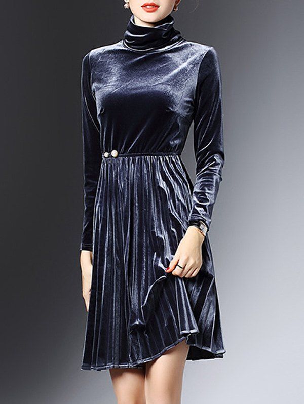 

High Neck Long Sleeve Velvet Smock Dress, Purplish blue