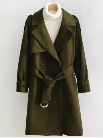 Fashion Double Breasted Woollen Blend TLong rench Coat OLIVE GREEN S