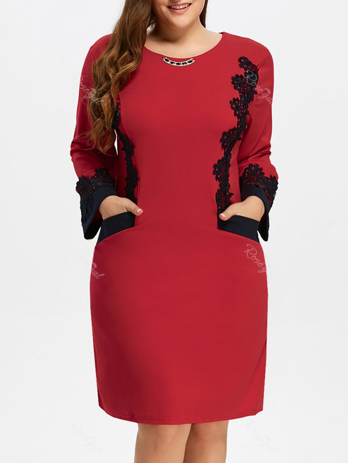 

Plus Size Midi Lace Panel Dress, Red