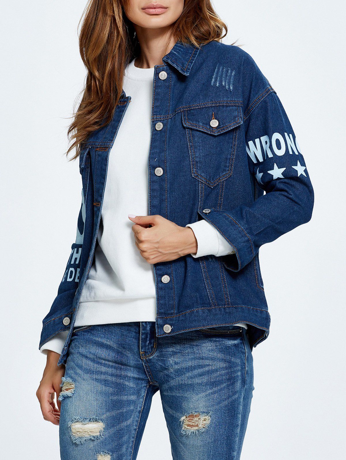 Shops Letter Graphic Button Up Jean Jacket with Sleeves  