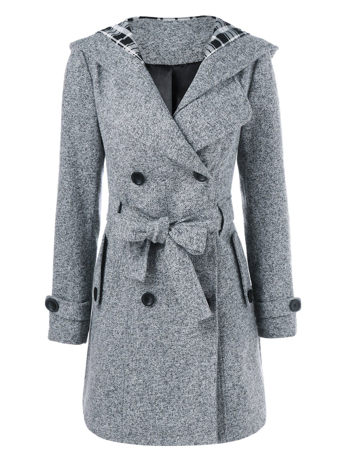 

Hooded Long Wrap Belted Double Breasted Coat, Gray