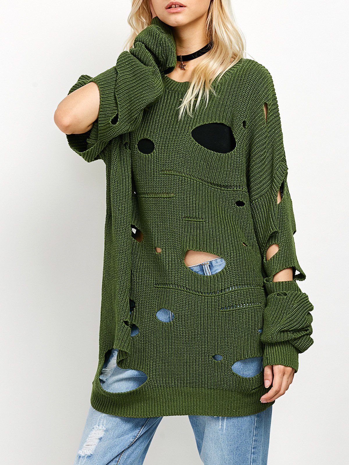 

Crew Neck Cut Out Sweater, Green