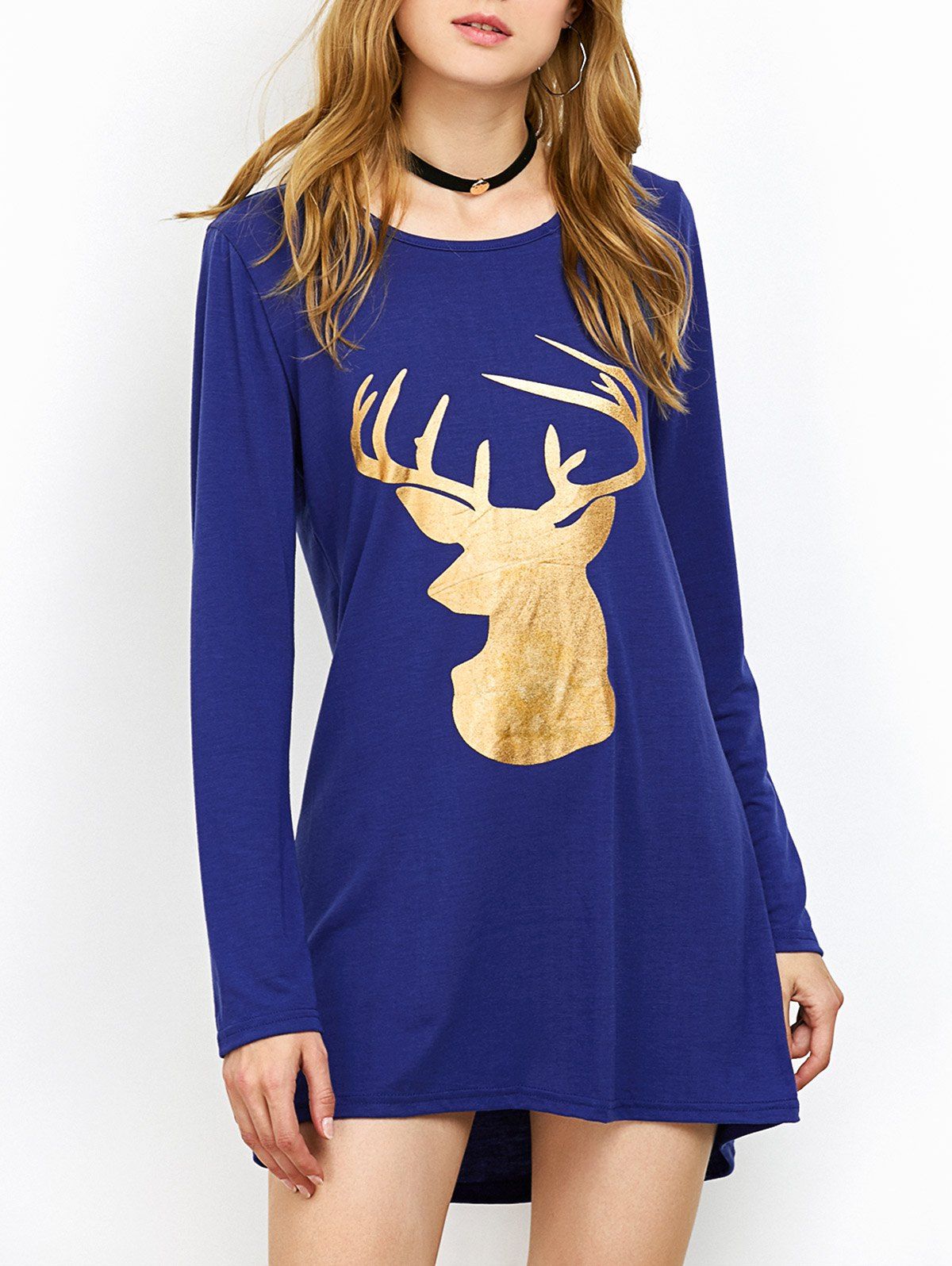 

Fawn Patterned Christmas Long Sleeve T-Shirt, Blue