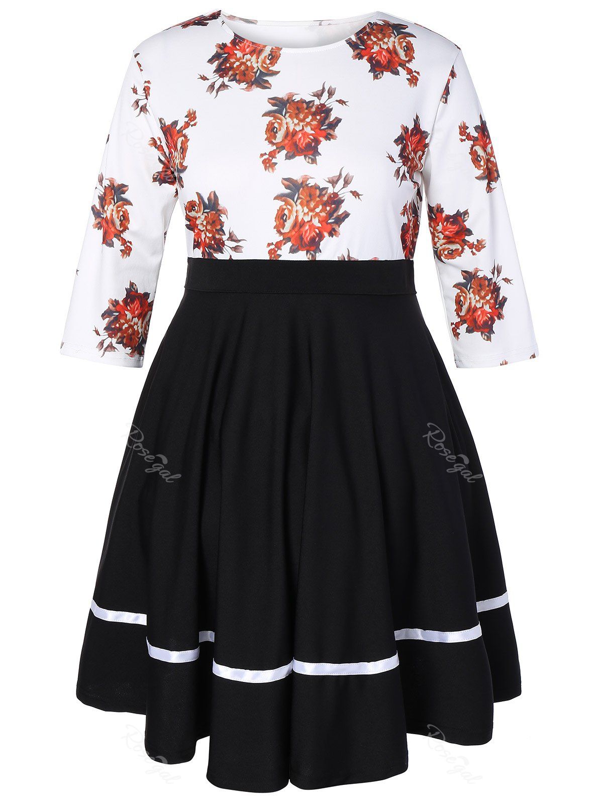 

Plus Size Floral High Waisted Fare Dress, Black