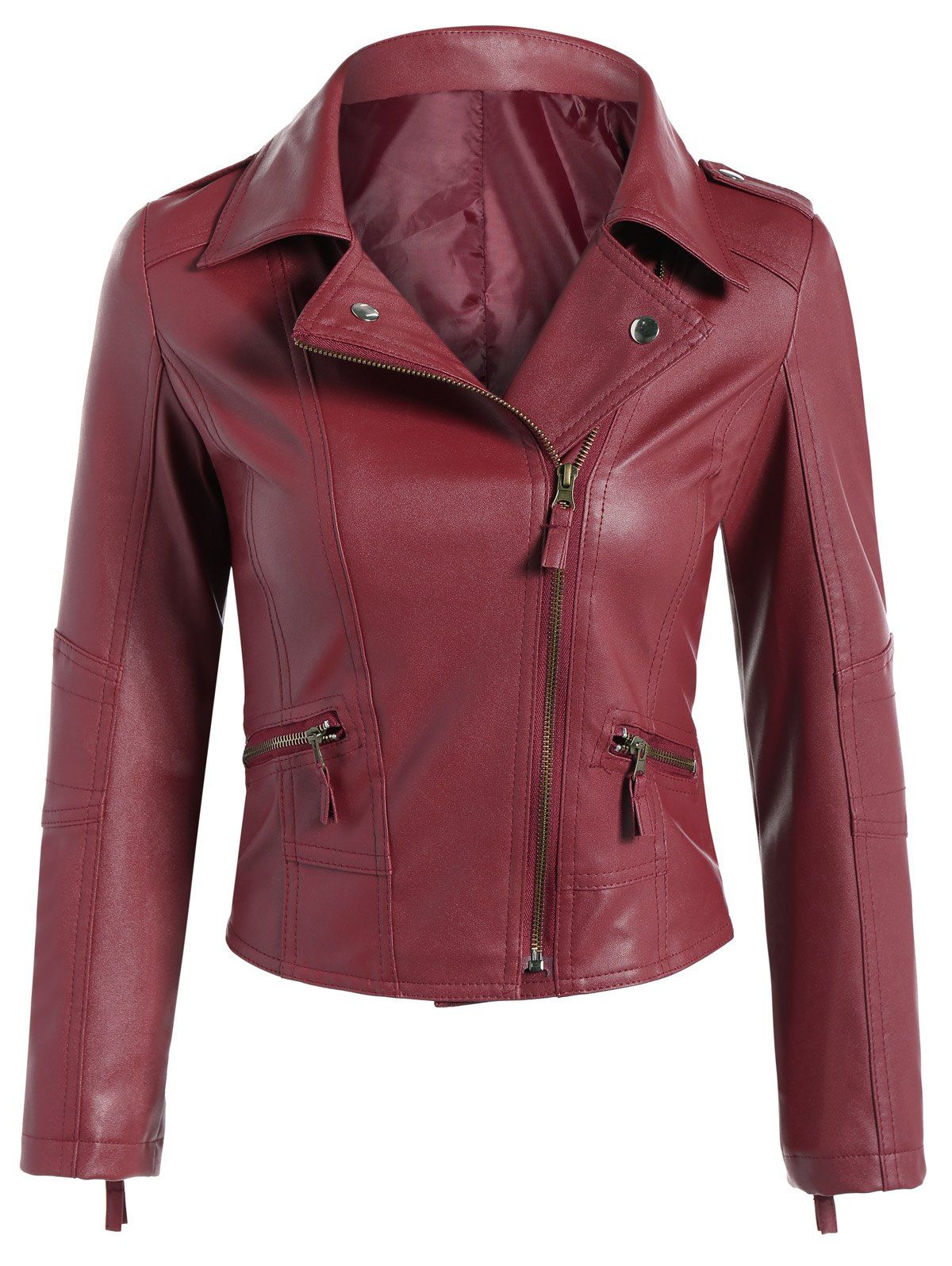 

Faux Leather Asymmetric Zip Short Biker Jacket, Dark red