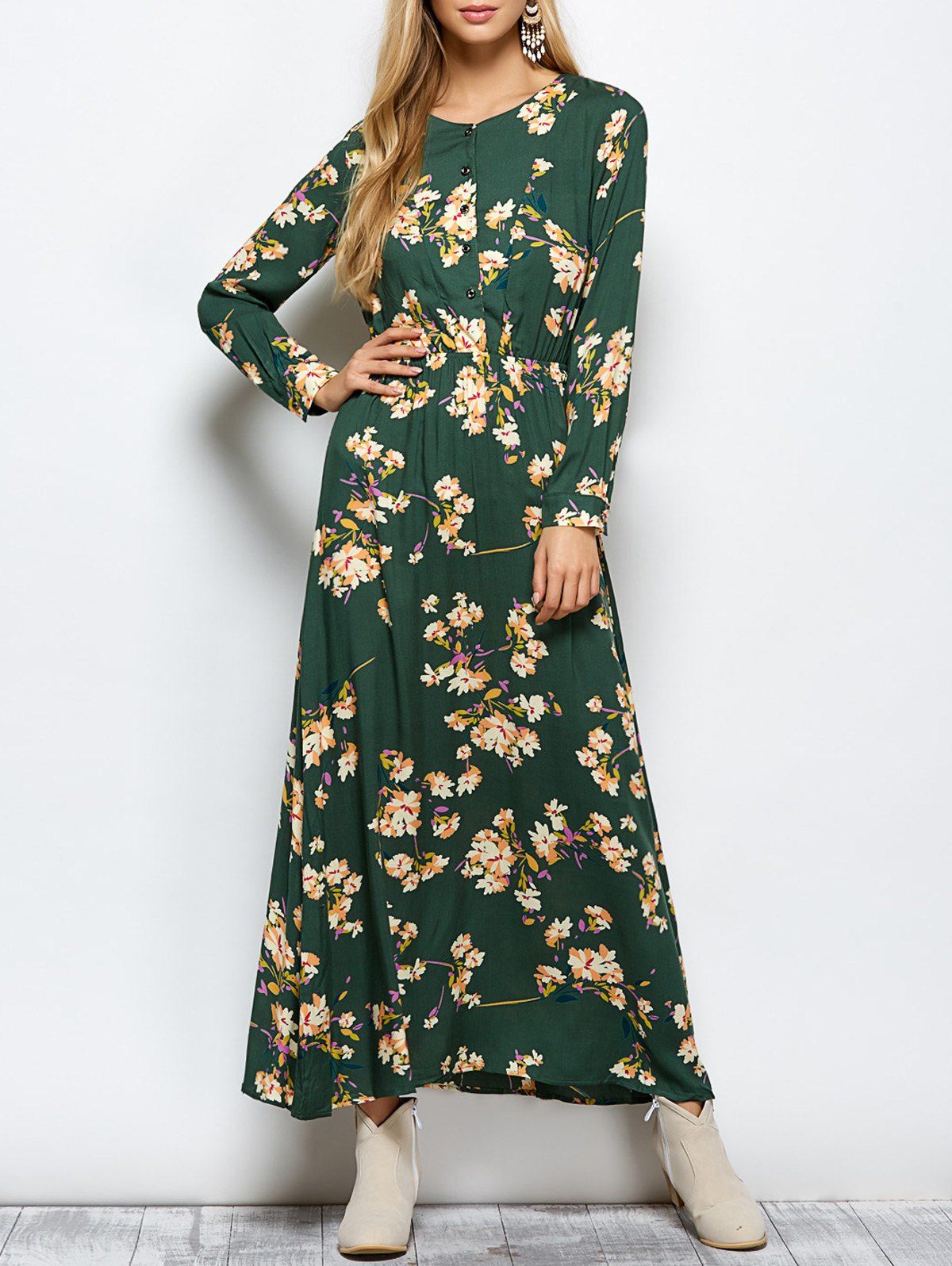 [27% OFF] Floral Print Maxi Boho Dress With Long Sleeve | Rosegal