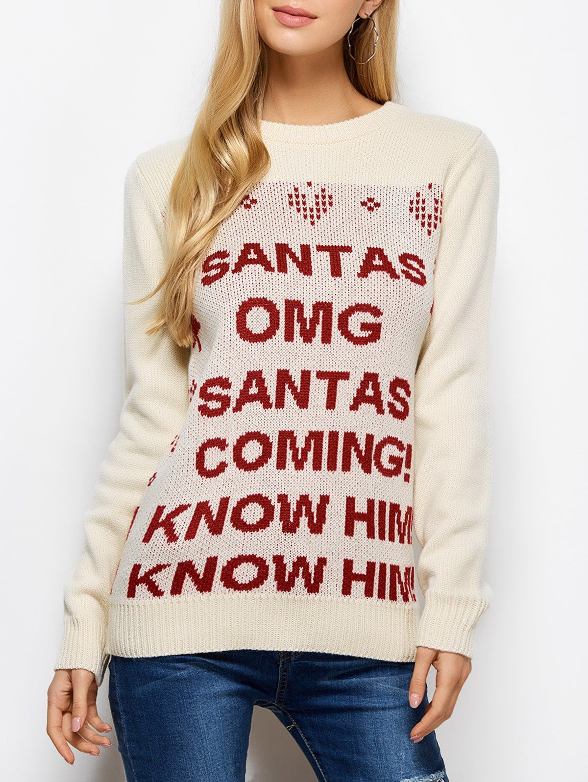 

Crew Neck Letter Christmas Sweater, Palomino