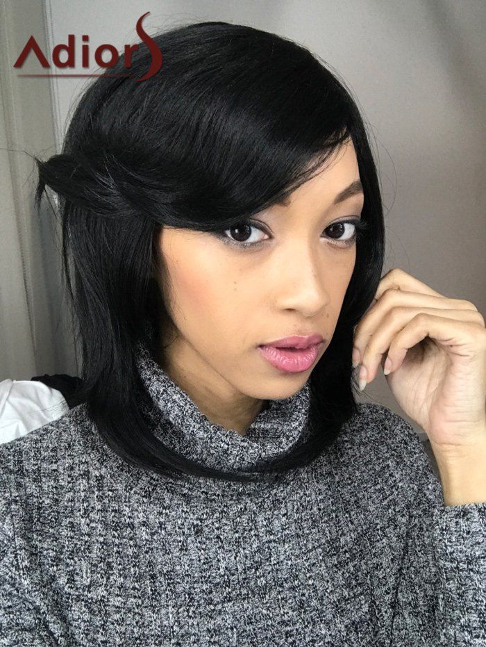 Cheveux Mi Long Noir Lisse Perruque Synthétique Lisse Noire Coupe Mi-Longue Avec Raie Sur Le Côté