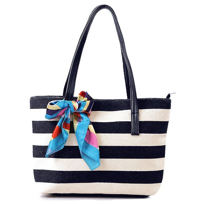 

Colour Block Stripe Canvas Beach Bag, Black