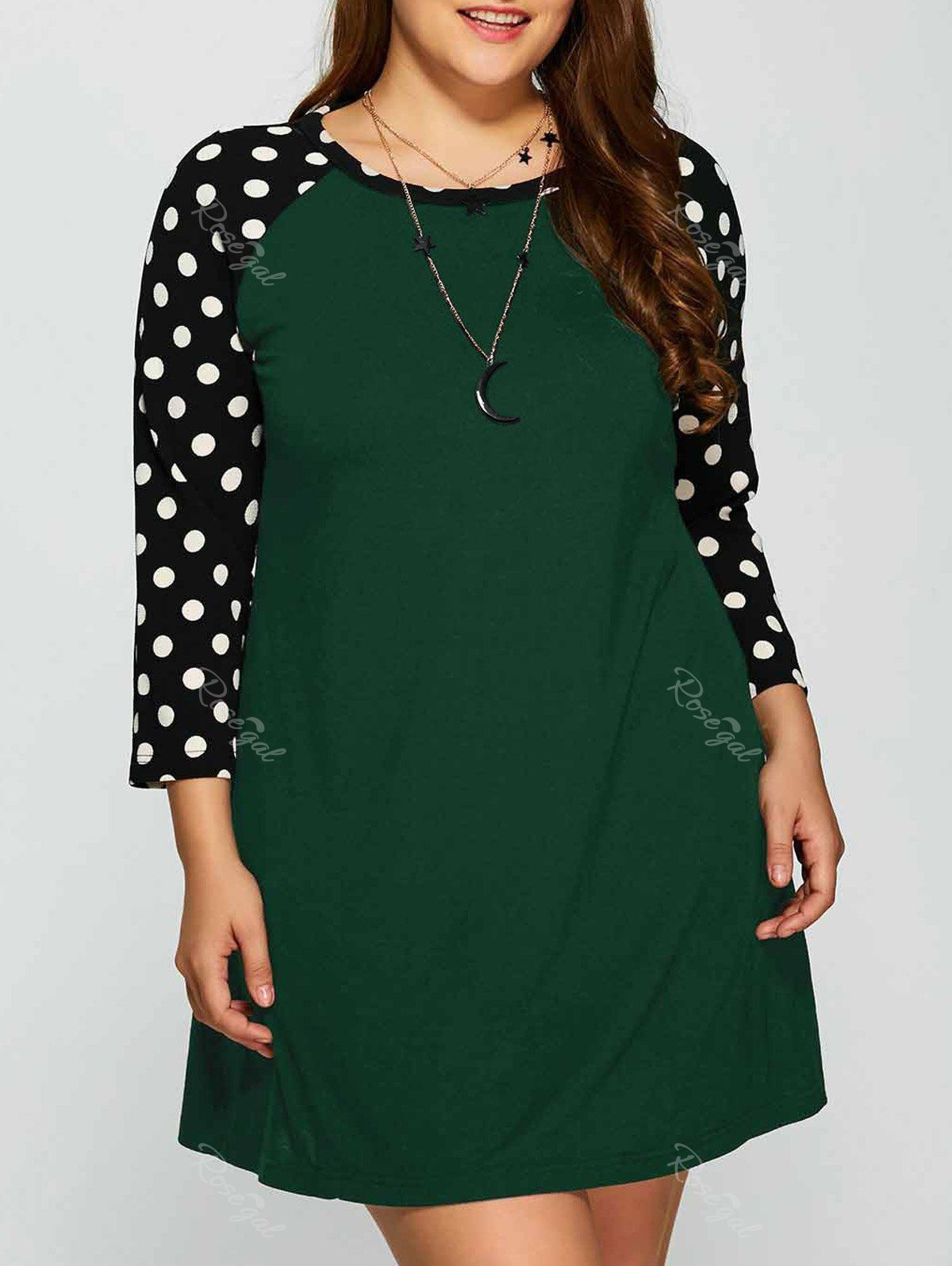 

Plus Size Polka Dot Panel Short Casual Dress, Deep green