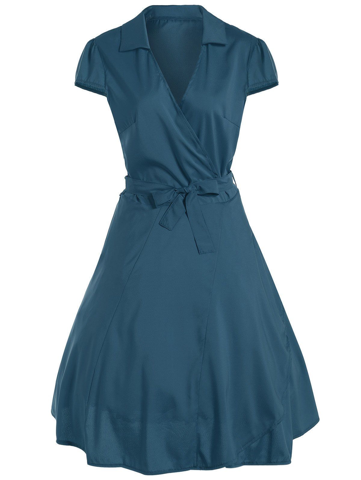 

V Neck Tied Belt Surplice Skater Dress, Turquoise