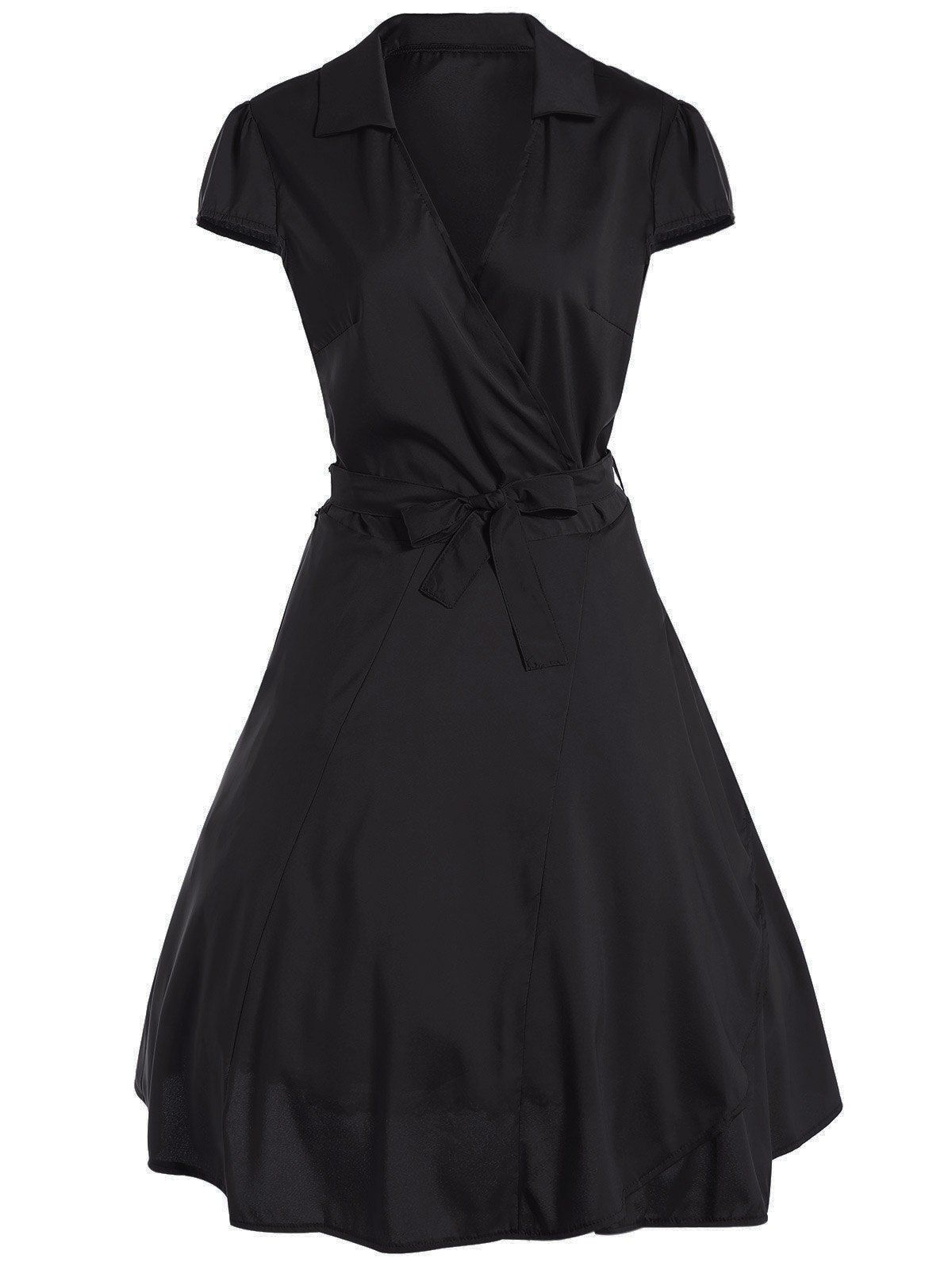 

V Neck Tied Belt Surplice Skater Dress, Black