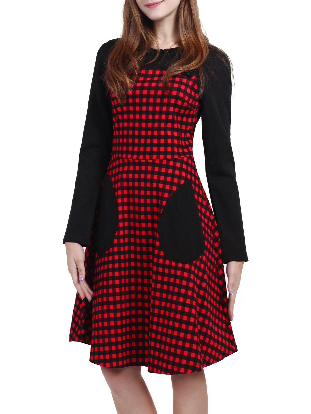 

Long Sleeve Knee Length Plaid Dress, Red