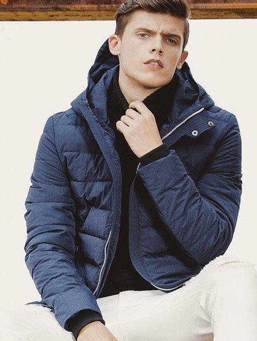 

Rib Cuff Zip Up Hooded Padded Coat, Deep blue