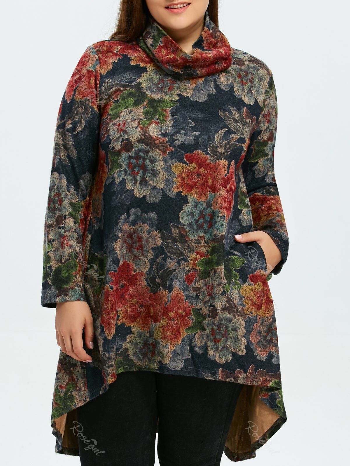 

Plus Size Asymmetrical Floral Print Dress, Blue