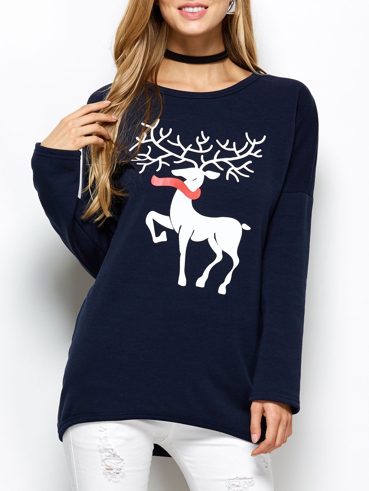 

Christmas Reindeer Drop Shoulder Tunic T-Shirt, Purplish blue