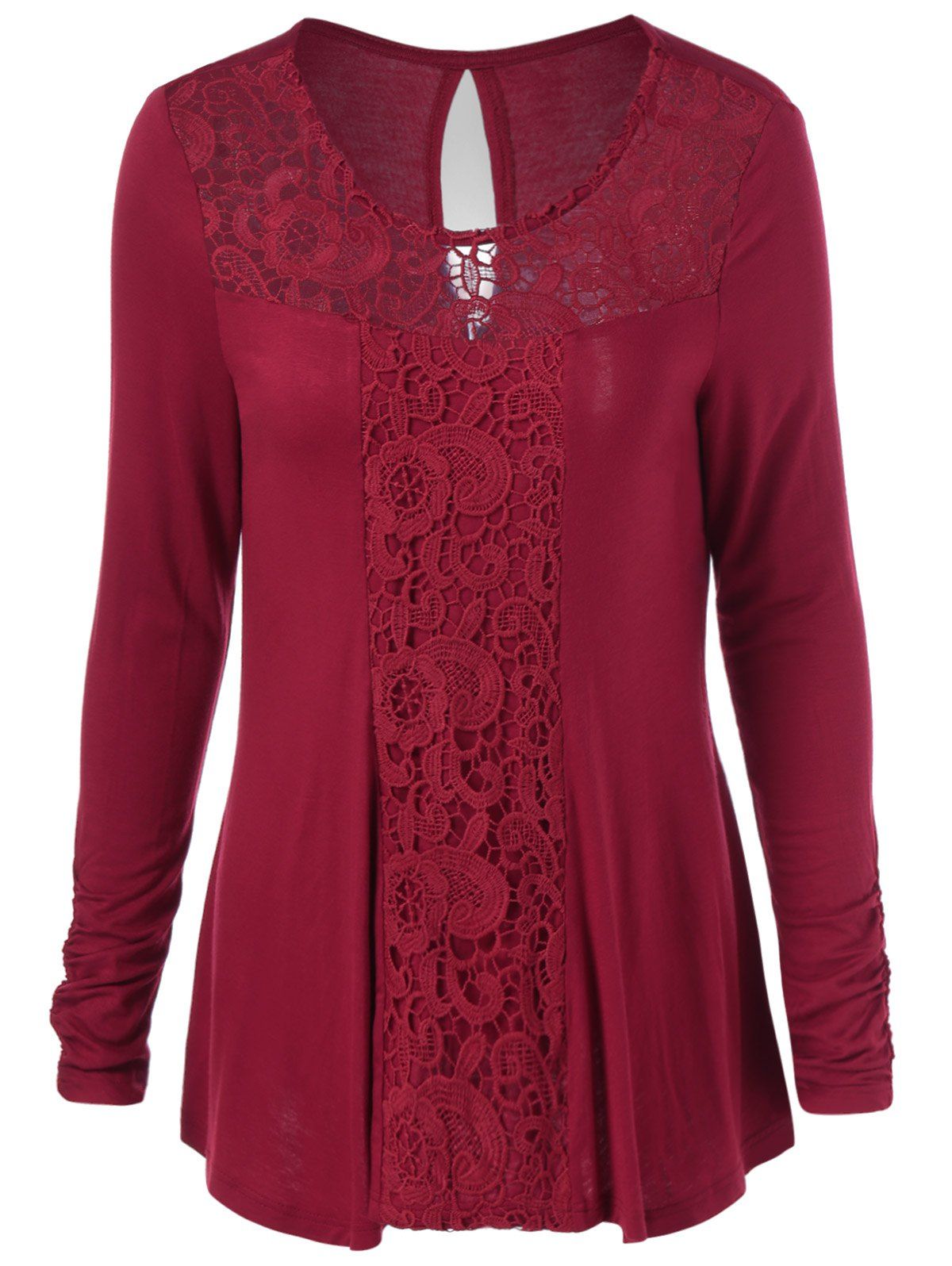 Burgundy Xl Long Sleeve Cut Out Lace Trim T-shirt | Rosegal.com