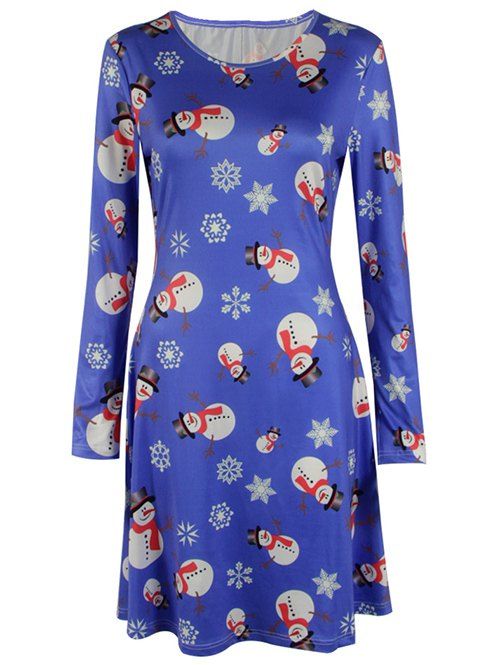 

Long Sleeve Christmas Snowman Skater Dress, Blue