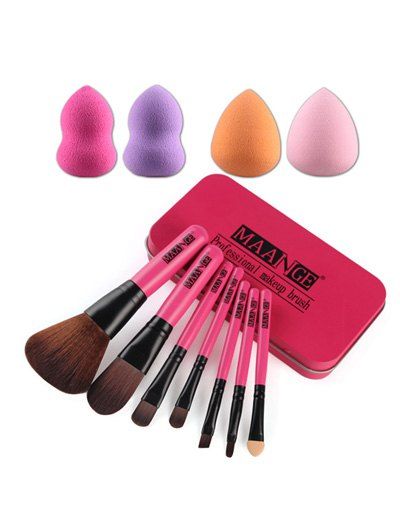 

7 Pcs Makeup Brushes Set with Iron Box + Makeup Sponges, Rose red