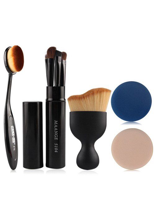 

5 Pcs Eye Makeup Brushes Kit + Foundation Brush + Curved Blush Brush + Air Puffs, Black