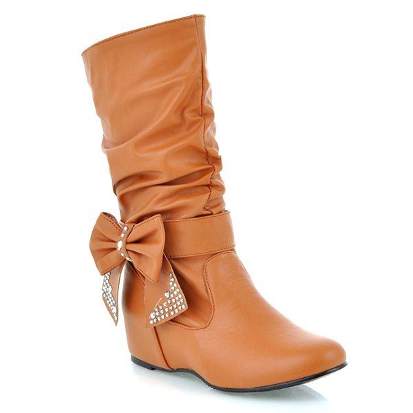 

PU Leather Bowknot Ruched Mid Calf Boots, Brown