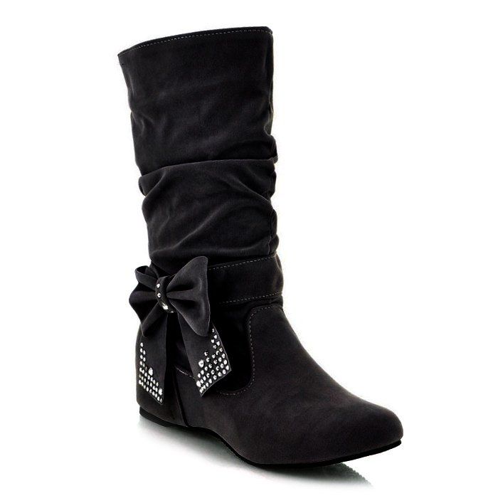 [45% OFF] Flock Bowknot Ruched Mid Calf Boots | Rosegal