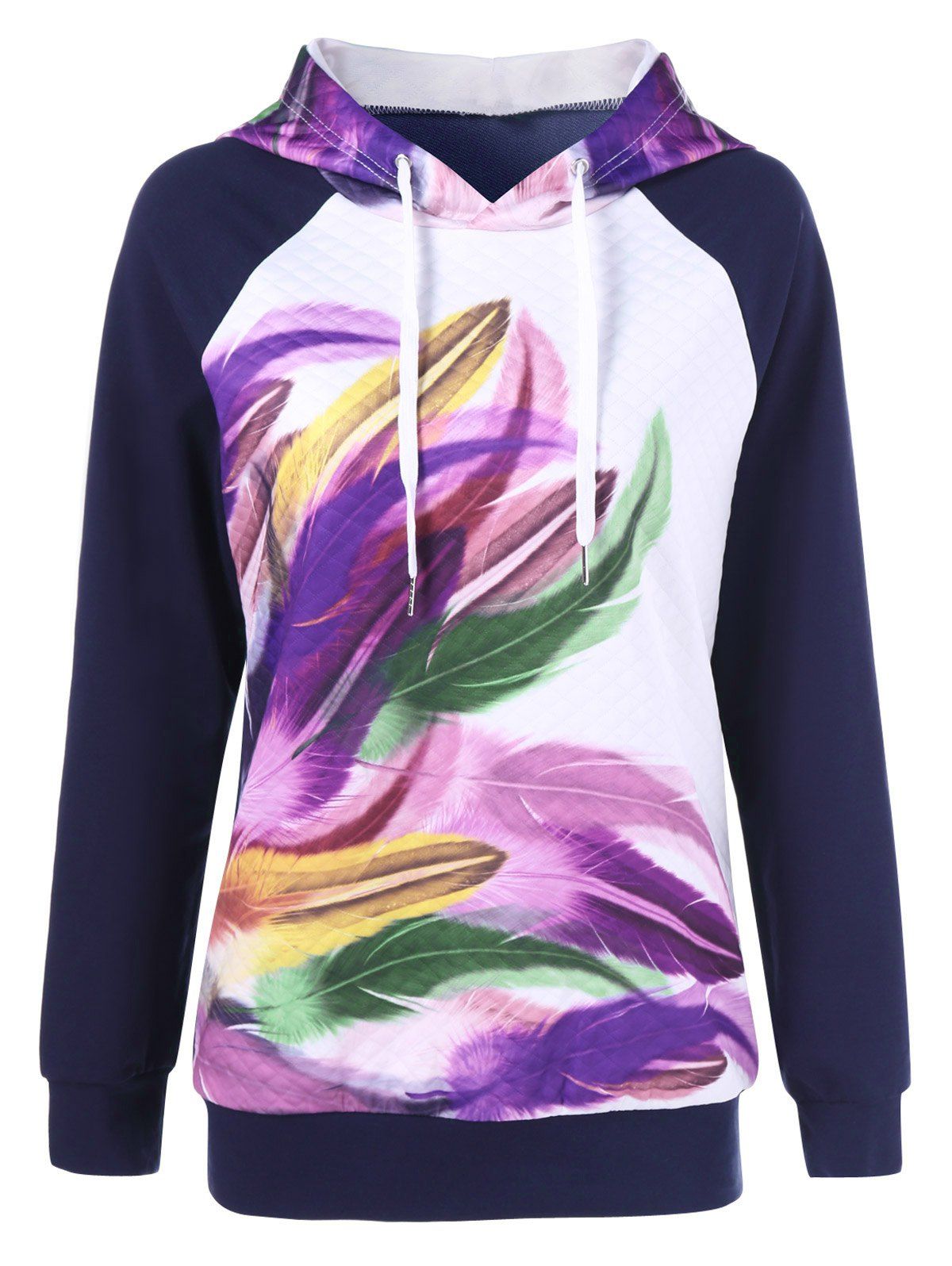 

Colorful Feather Print Hoodie, Purplish blue
