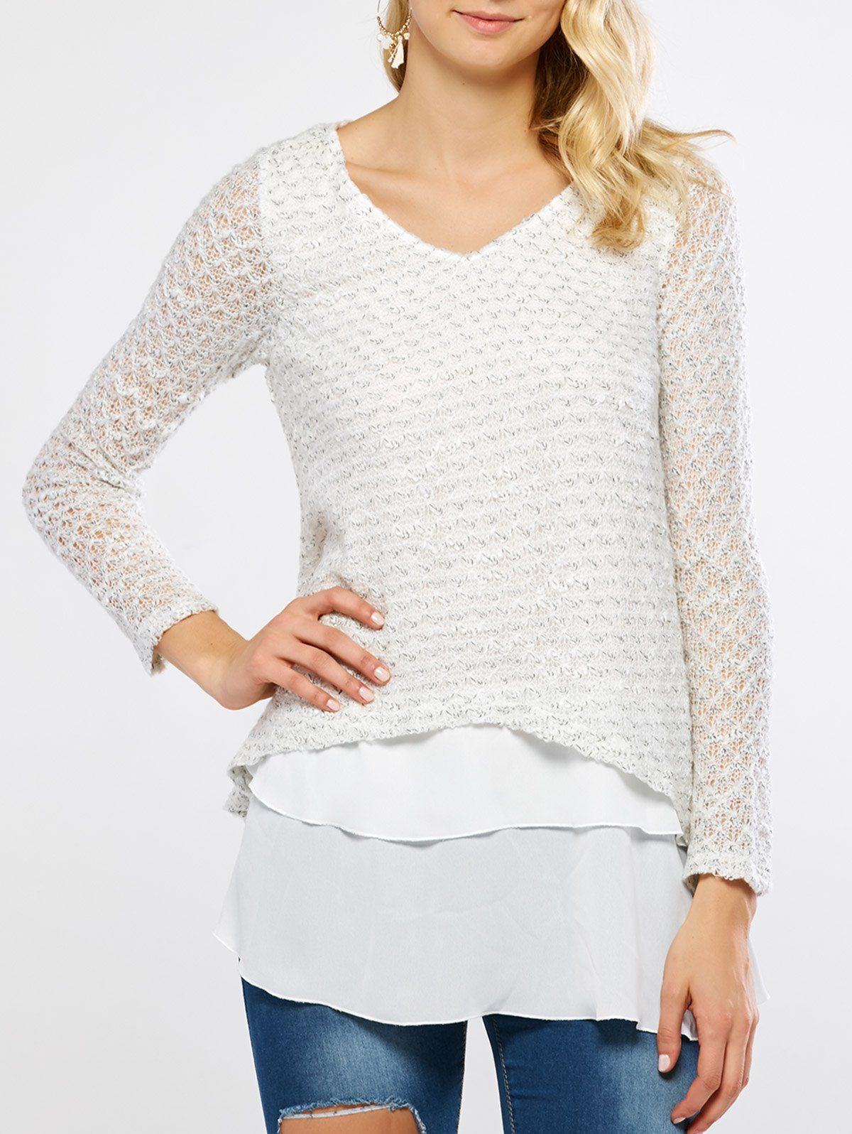 

V Neck Layered Long Sleeve Pullover Sweater, White