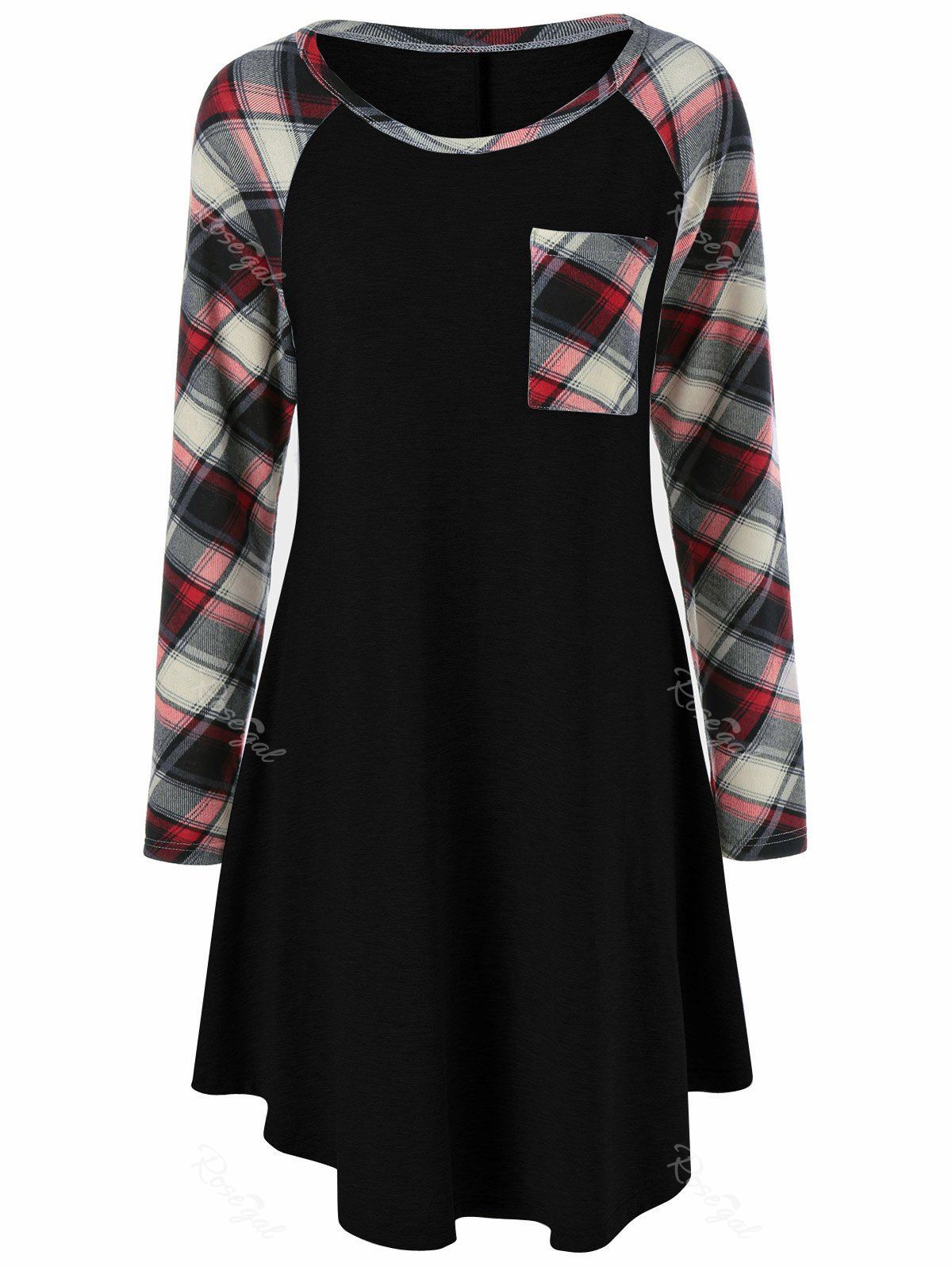 [36% Off] Plus Size Plaid Trim Single Pocket Dress 